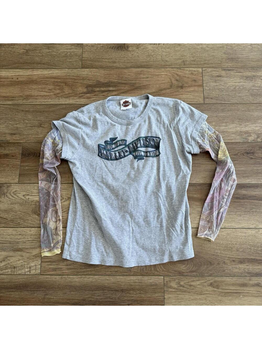 Vtg Y2K Harley Davidson Tattoo Mesh Sleeve Shirt M